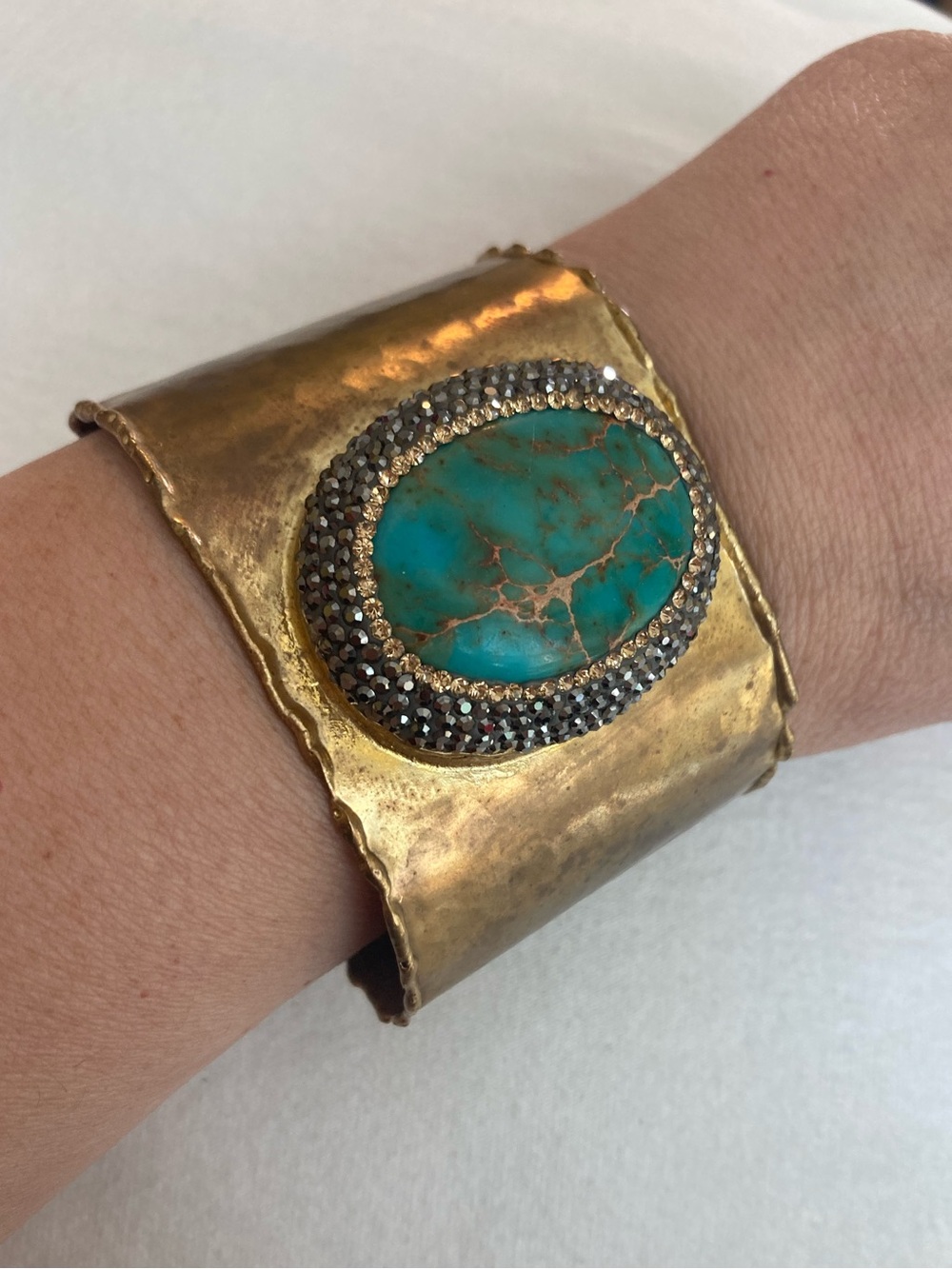 Hammered Brass Cuff Bracelet Oval Turquoise Stone Boho